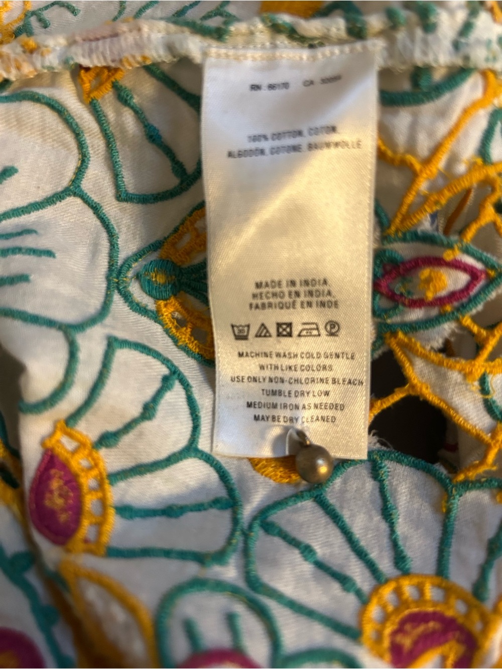 Embroidered White Cotton Peasant Top with Yellow & Teal Accents - Picture 8 of 8